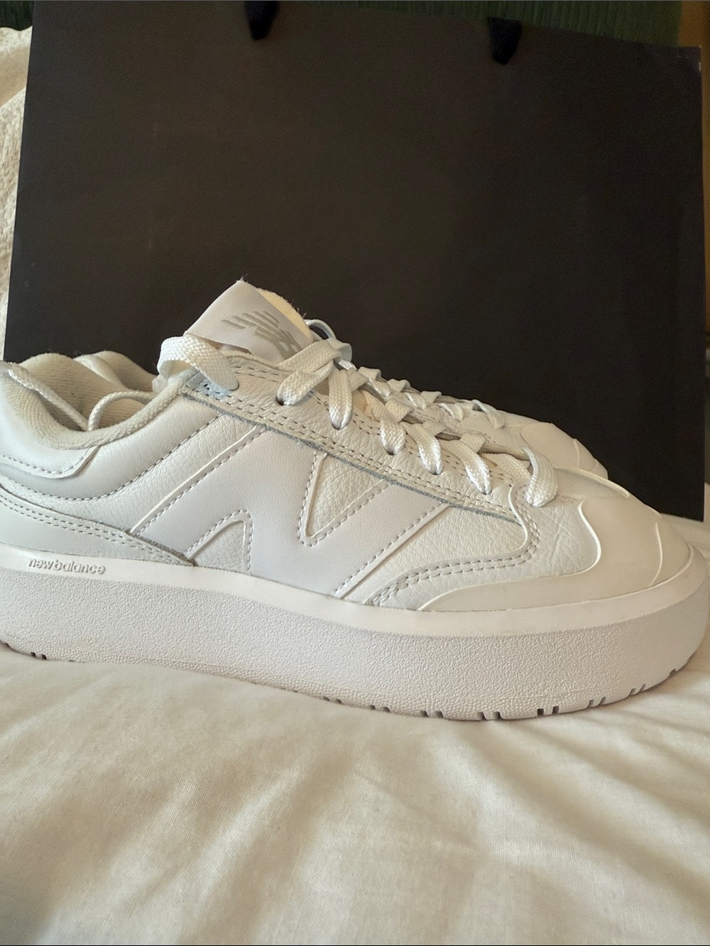 New Balance Women's White Leather Platform Sneakers - Picture 2 of 5
